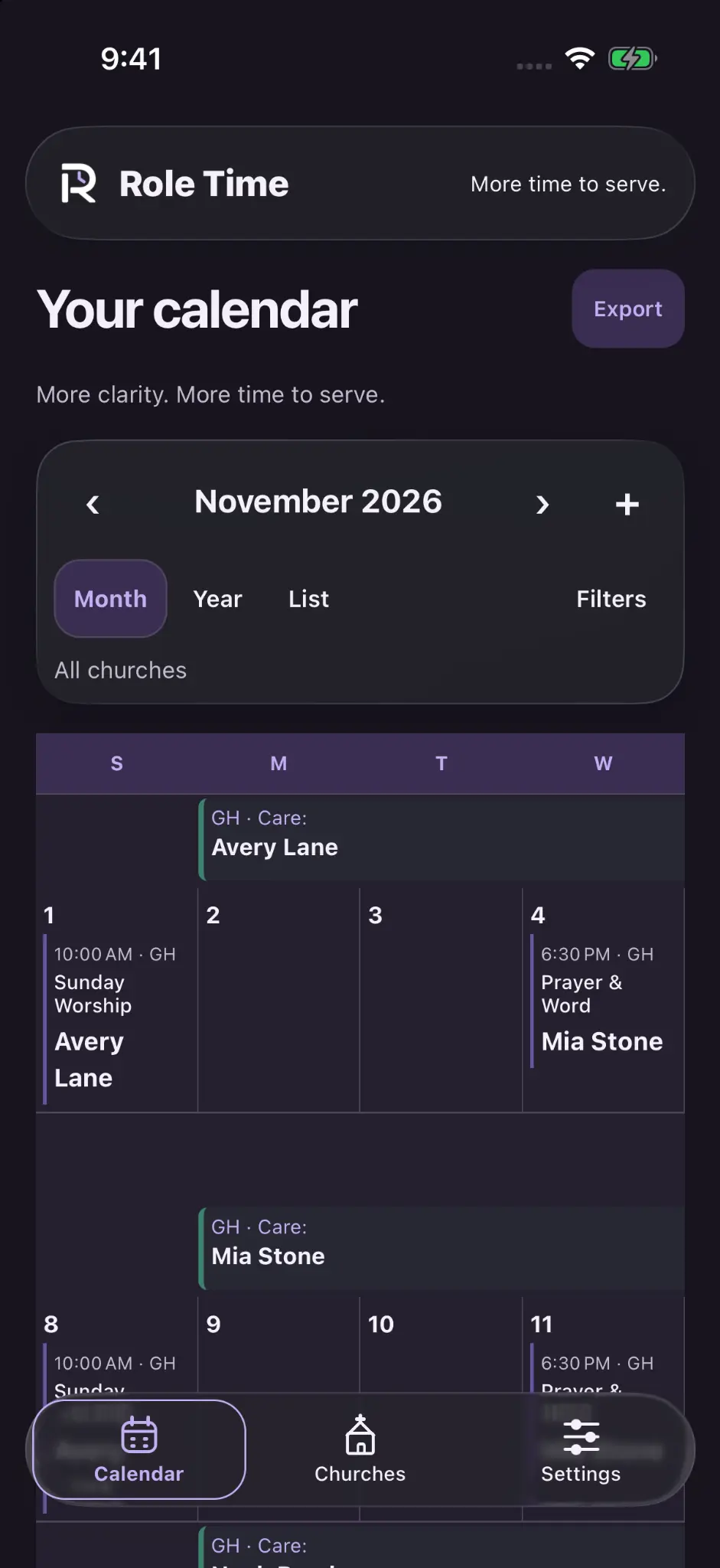 Role Time monthly calendar in dark mode.