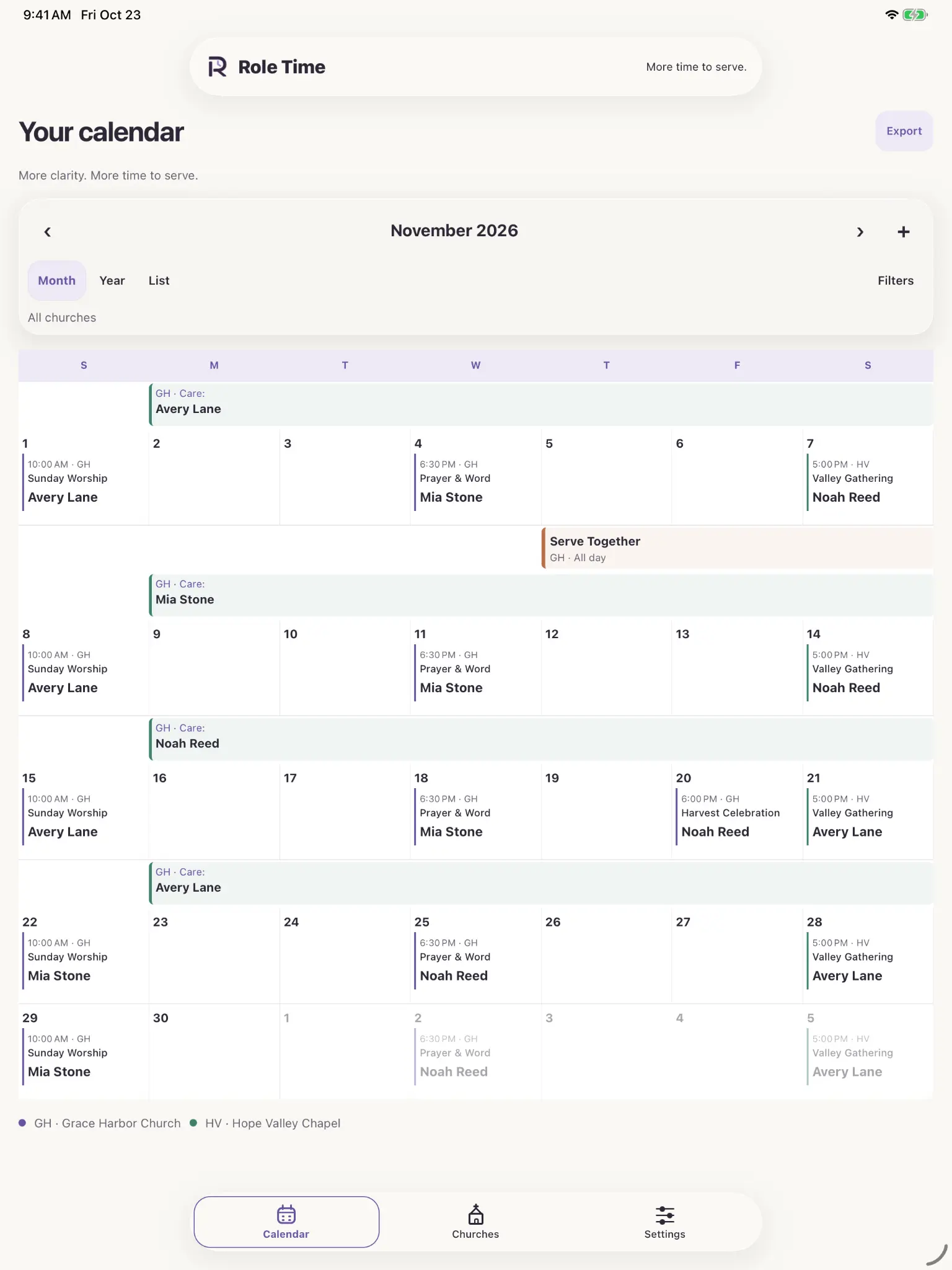 Role Time monthly calendar showing assigned speakers and coverage.