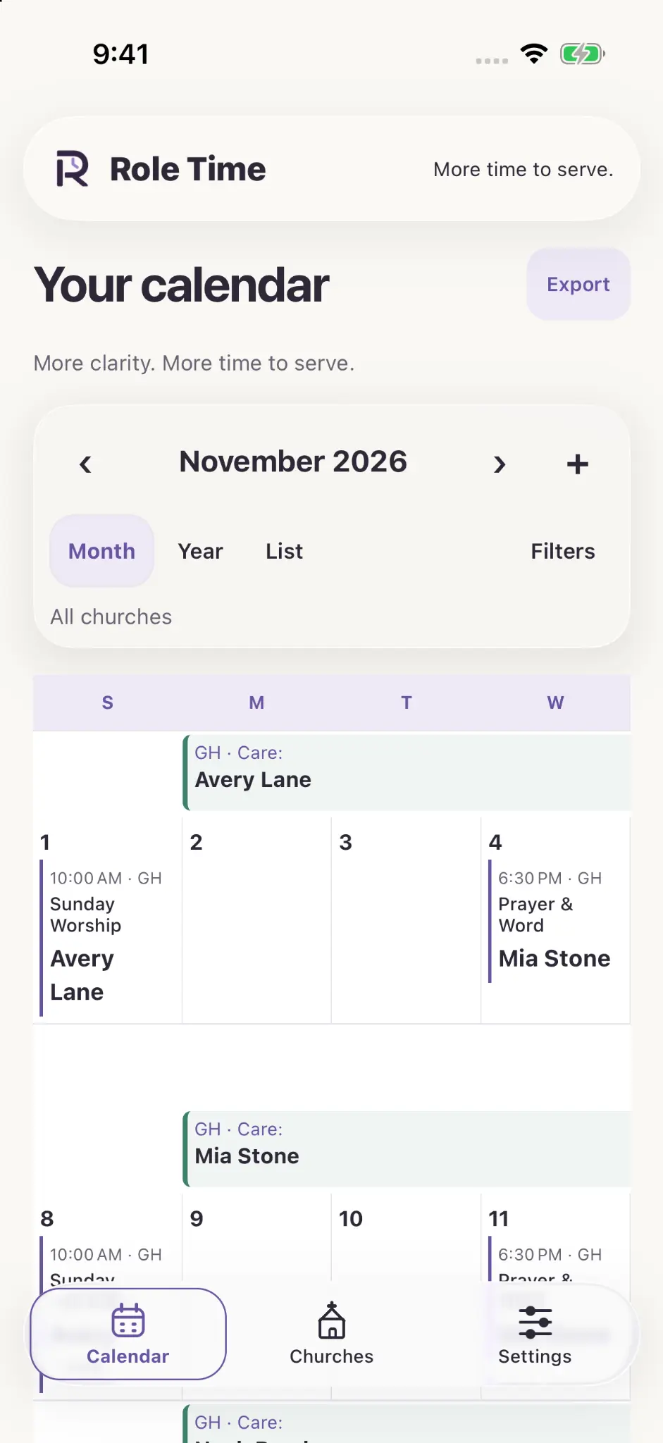 Role Time monthly calendar showing assigned speakers and coverage.