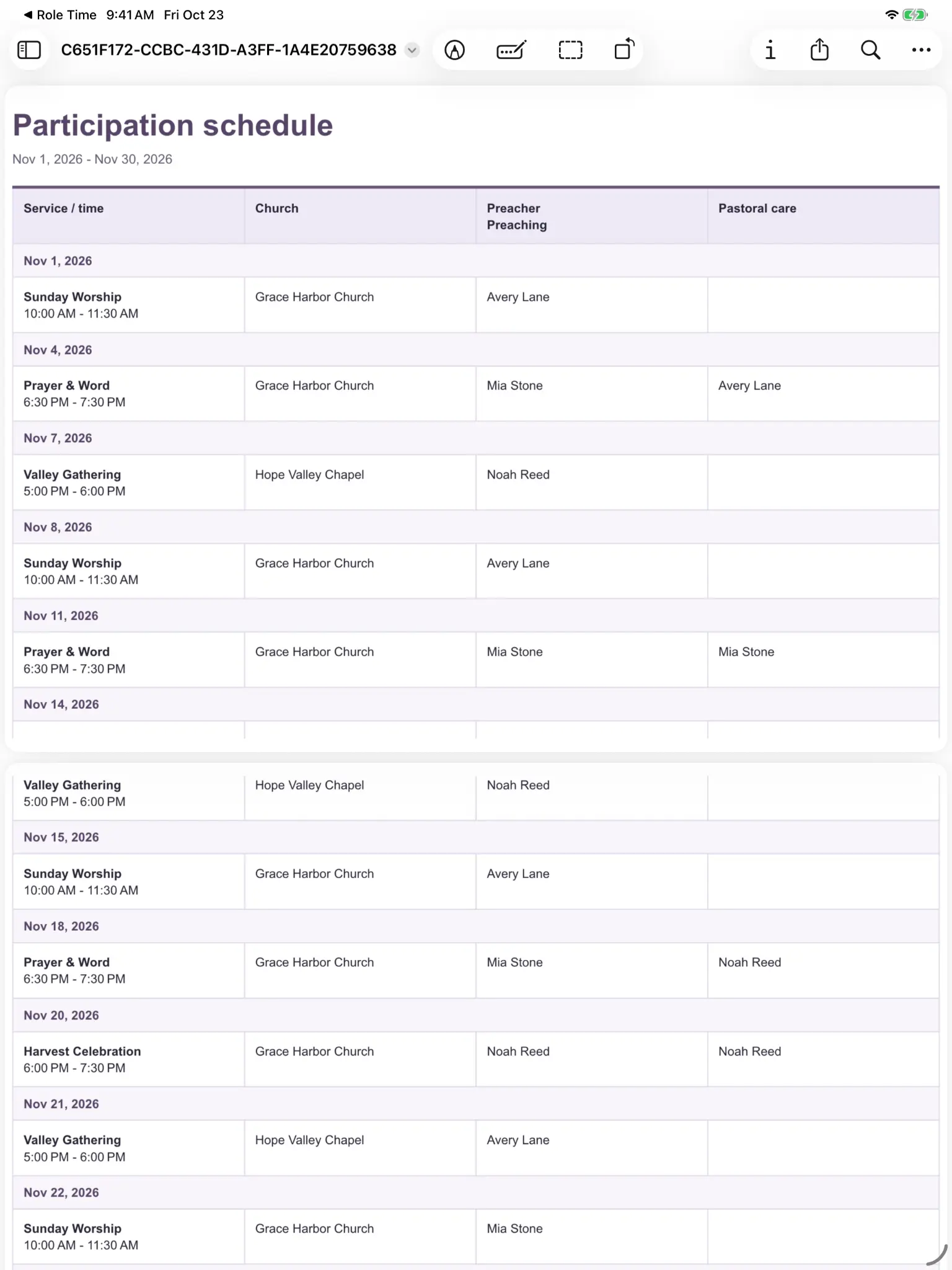 Participation schedule exported as a PDF.