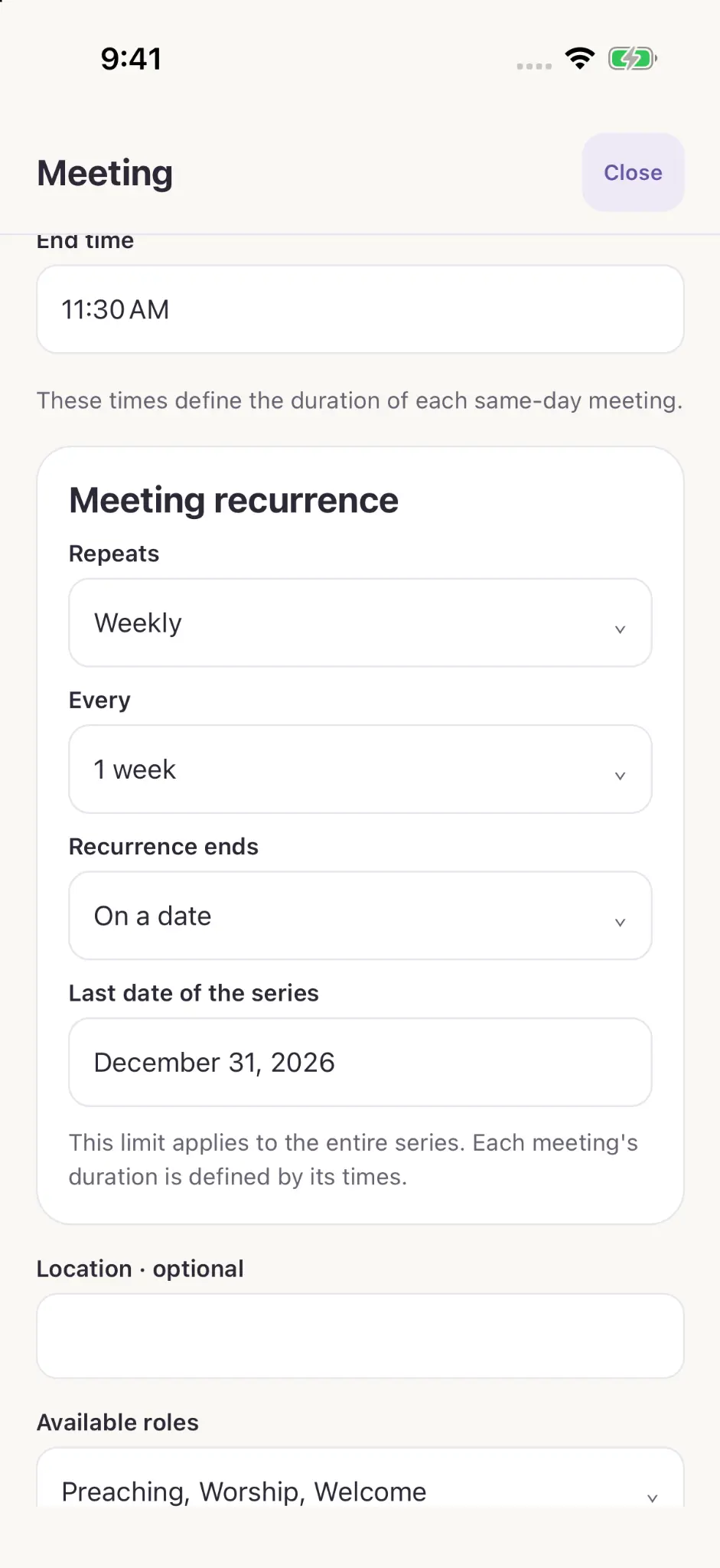 Weekly meeting recurrence and series end date in Role Time.